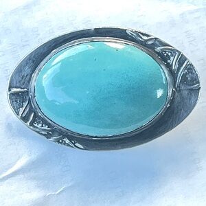 VTG Mid Century Art Nouveau Silver Floral Oval Blue Cabochon Statement Brooch
